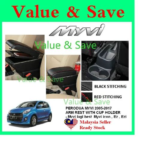 Myvi 2005 2017 Armrest Double Layer Arm Rest Black Leather Red Stitch