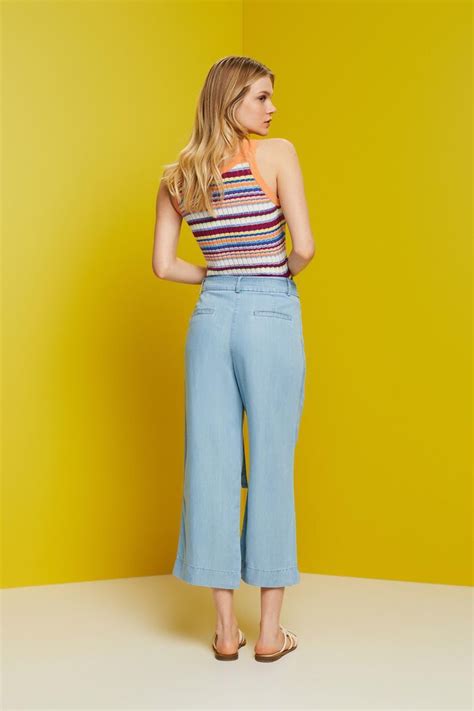 Esprit Cropped Wide Leg Trousers With Tencel™ Fibers Blue Light Washed