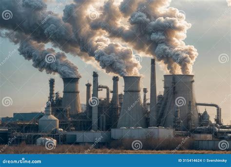 An Industrial Factory Exterior With Smoke Stacks Emitting Dark Smoke