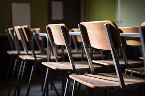 Row Of Empty Wooden Lecture Chairs In Modern Classroom Setting With Blackboard And Other