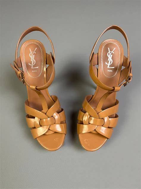Ysl Nude Patent Leather Strappy Heels Wrap Around Ankle T Strap Boardwalk Vintage