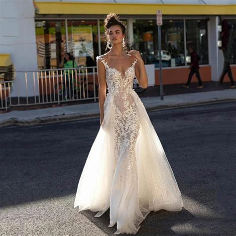 Vestido de casamento da sereia cauda destacável sexy sem costas v