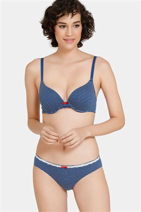 Buy Zivame Stripped Padded Wired Push Up Bra With Low Rise Bikini Panty