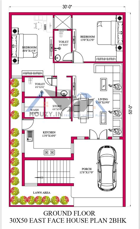 30x50 house plans | 30x50 3BHK house design | HOUZY.IN