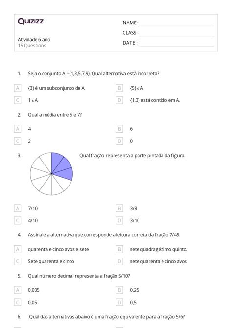 Frações equivalentes imprimível 6ª série planilhas Quizizz