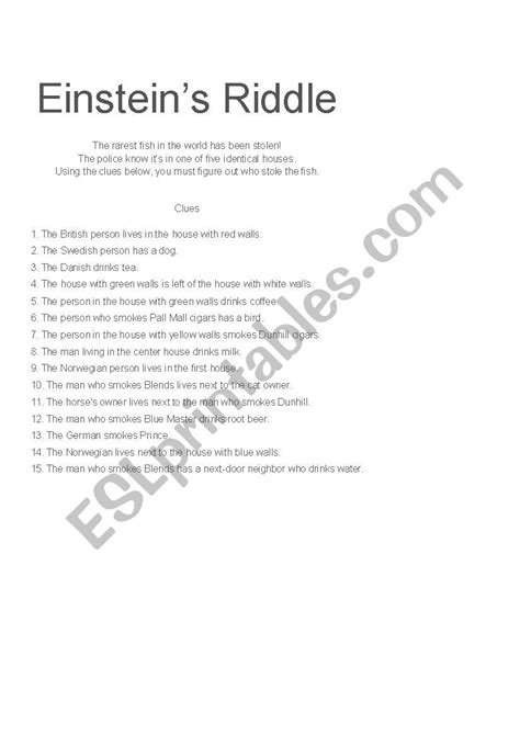 Einstein´s Riddle - ESL worksheet by autumnwright