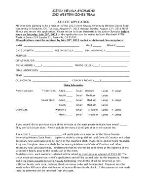 Fillable Online Application Sierra Marlins Swim Team Fax Email Print