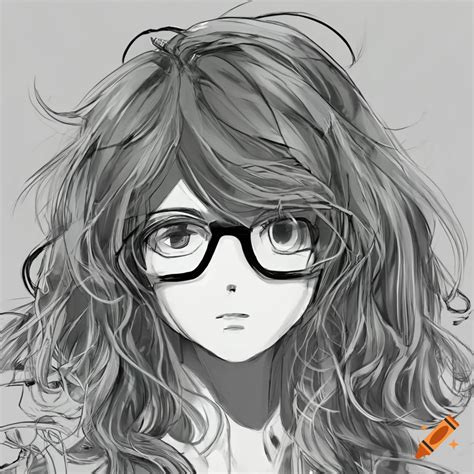 Black And White Manga Style Portrait Of A Woman With Wavy Hair And Glasses On Craiyon