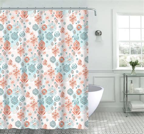 Serafina Home Decor Floral Damask Fabric Shower Curtain Bohemian Green Coral Orange White