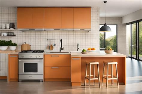 Premium AI Image A Kitchen With Orange Cabinets And A White Stove