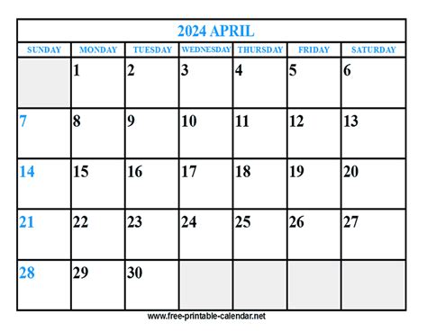 Free Printable April 2024 Calendar