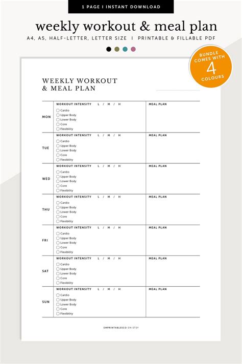 Weekly Workout And Meal Planner Weekly Health Planner Fitness And Nutrition Planner Fillable