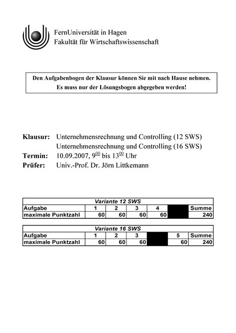 Klausur 2007 09 FernUniversität in Hagen Fakultät für