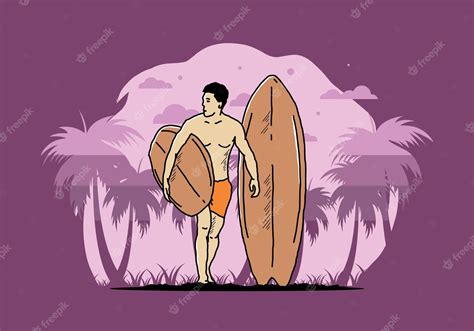 Premium Vector The Shirtless Man Holding Surfboard Illustration