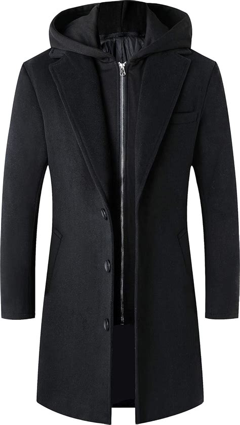 Lisskolo Men S Wool Blend Overcoat With Detachable Hooded Trench Coat