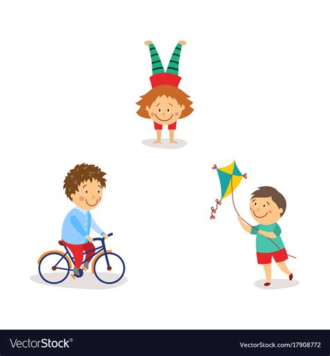 Kids Flying Kite Riding Bicycle Doing Handstand Vector Image