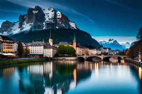 Una ciudad de noche con un puente y montañas al fondo Foto Premium