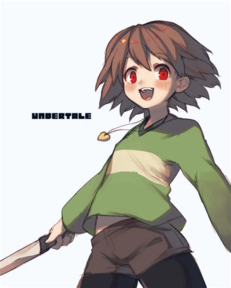 Safebooru 1other Androgynous Blush Brown Hair Chara Undertale Heart Jewelry Knife Looking At