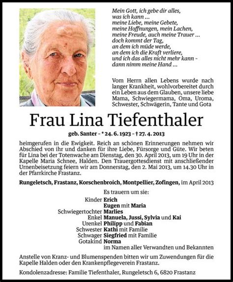 Todesanzeigen Von Lina Tiefenthaler Todesanzeigen Vorarlberger