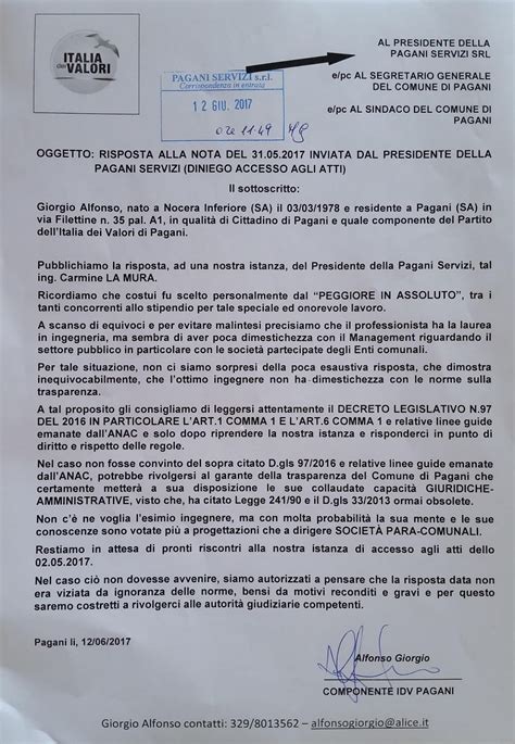 ALFONSO GIORGIO ALFONSO GIORGIO OGGETTO RISPOSTA ALLA NOTA DEL 31 05