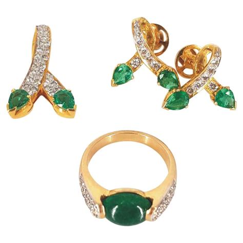 18ct Yellow Gold Emerald And Diamond Drop Stud Earrings For Sale At