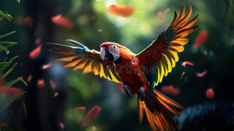 A Flying Parrot in the Green Tropical Stock Illustration - Illustration ...