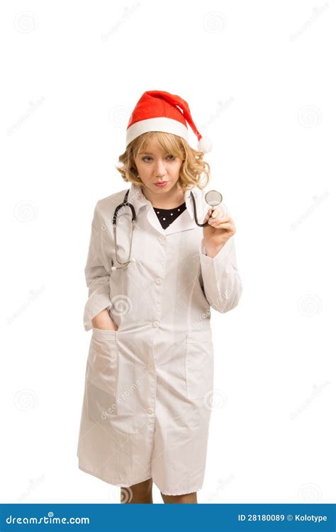Blonde Krankenschwester In Einem Weihnachtsmann Hut Stockbild Bild Von Ausgezeichnet L Cheln