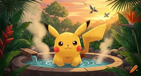 Pikachu Happily Soaking In A Stone Hot Tub Surrounded By Tropical Plants Under A Vibrant Sunset