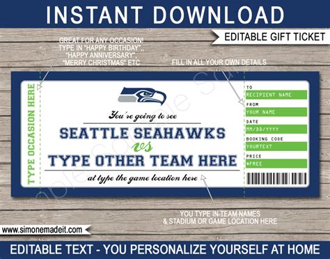 Seattle Seahawks Game Ticket T Voucher Printable Surprise Football