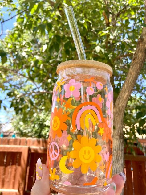 Groovy Floral Glass Can Iced Coffee Glass Aesthetic Beer Can Etsy