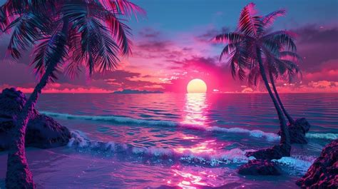 Premium Photo | A retrofuturistic tropical sunset with palm trees