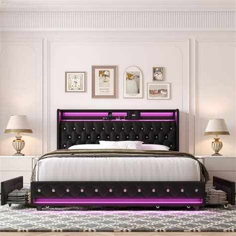 Homfa Queen Size Led Bed Frame With 4 Storage Drawers Modern Wingback