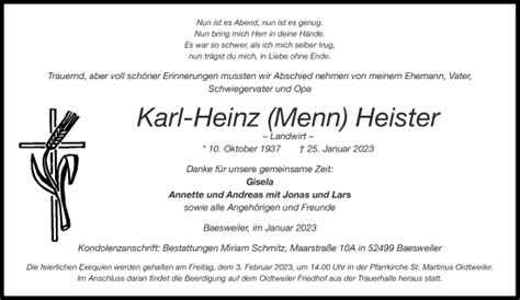 Traueranzeigen Von Karl Heinz Heister Aachen Gedenkt