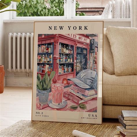 New York City Cocktail Bar Poster, Colourful Wall Poster, Travel Art