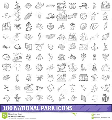 100 Iconos Fijados Estilo Del Parque Nacional Del Esquema Ilustración