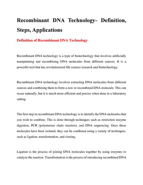 Recombinant Dna Technology Definition Steps Applications