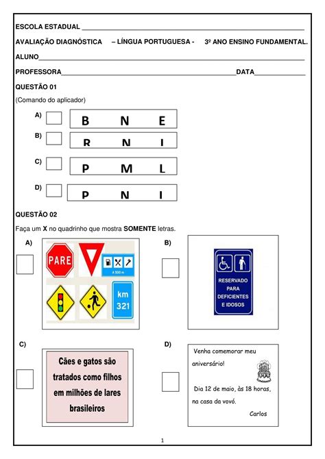 Avaliação Diagnóstica 3 Ano Português - 3º ANO - SUGESTÃO DE AVALIAÇÃO DIAGNÓSTICA DE LÍNGUA PORTUGUESA - Cuca ...