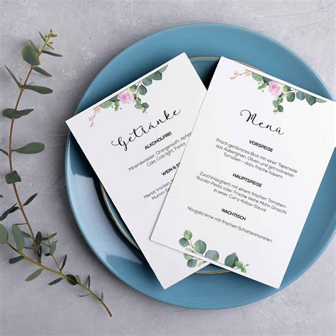 Elegante Getränkekarte Eukalyptus Rosen PDF für Hochzeiten