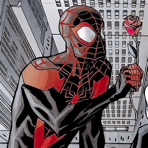 A Spider Man Standing In Front Of A Cityscape Holding A Red Rose