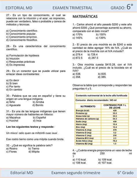 Examen Trimestral Sexto Grado De Primaria Plan 2017