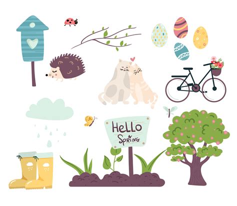 spring set with cute animals. Hand drawn flat cartoon. Vector ...