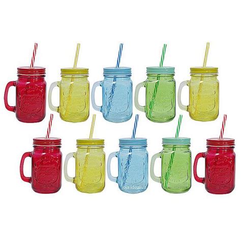 10 Caneca Vidro Colorido Tampa Canudo Jarra Cerveja Drink S Idealiza