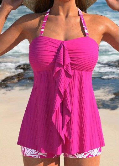 Ruffle Tropical Plants Print Hot Pink Tankini Set Modlily Usd I