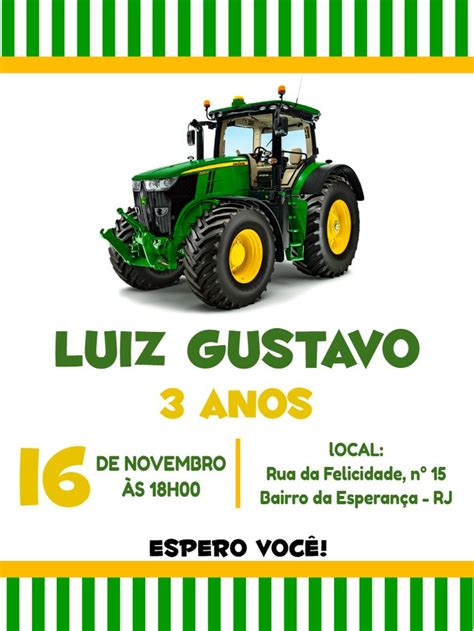 Convite aniversário Trator John Deere Convites aniversário trator