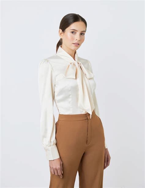 Women S Cream Fitted Satin Blouse Pussy Bow Hawes Curtis The