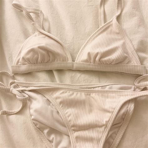 White Ribbed Bikini Set Size Bottom Medium Size Depop