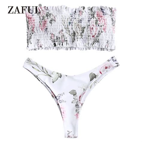 ZAFUL Bikini Strapless Smocked Bikini Top With Floral Bottoms Women S