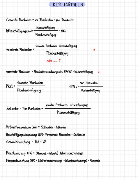 Klr Formeln Sommersemester Kosten Und Leistungsrechnung Soll Soll