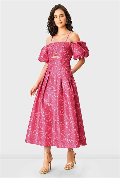 Shop Cut Out Front Floral Lace Print Dupioni Puff Sleeve Dress Eshakti