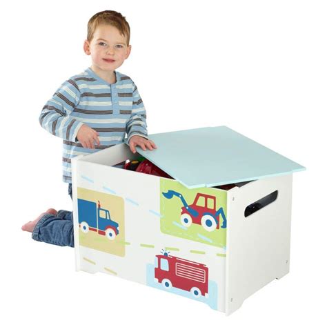 Vehicles Kids Toy Box Childrens Bedroom Storage Chest With Bench Lid